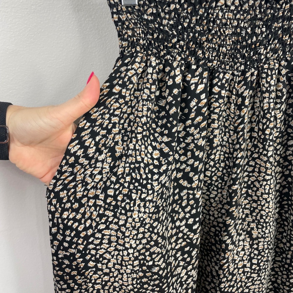 Bucketlist Smocked Waist Harem Pants Small Black Tan Leopard Print Boho Draped - Picture 10 of 11